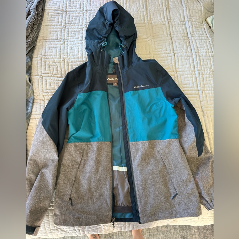 Ready for spring showers? Eddie Bauer Teal/Gray Spring Jacket easy packing!